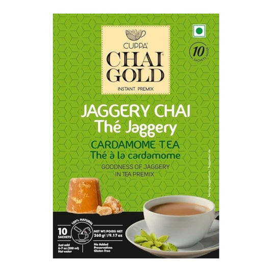 Chai Gold Instant Jaggery Chai Tea Premix Powder, Traditional Indian Milk Tea Latte Mix, Naturally Sweetened with Jaggery, Quick Preparation Hot Beverage, Low Caffeine, 10 count pack