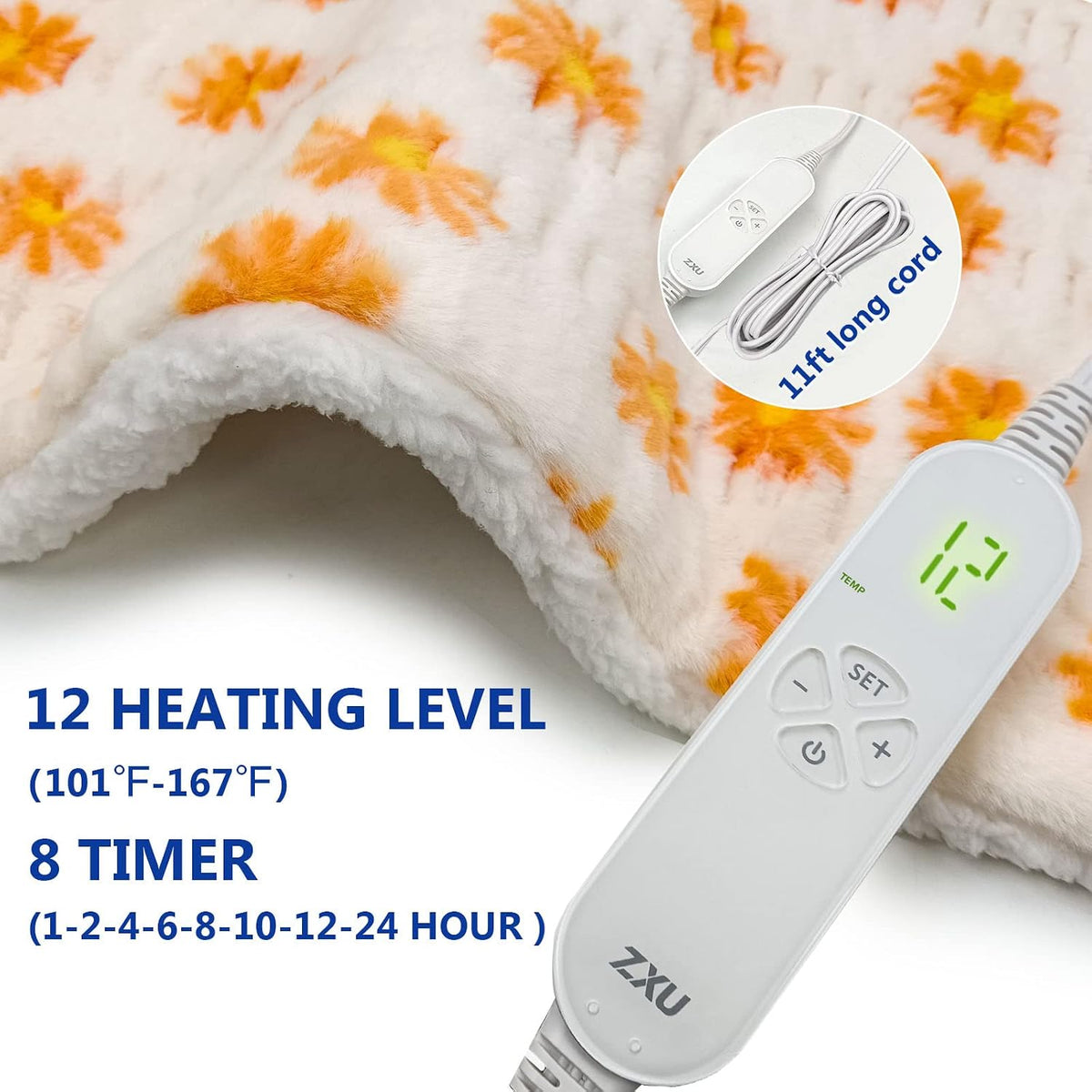 ZXU Heating Pad for Back Pain and Period Cramps Relief- Ultra Soft Sherpa Heating Pad, XL King Size 12" x 24", 12 Heat Levels & 1-24H Auto Off，Stay on Function Hot Heated Pad, Machine Washable