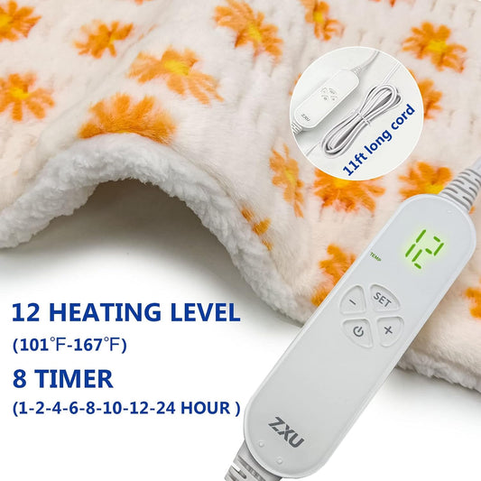 ZXU Heating Pad for Back Pain and Period Cramps Relief- Ultra Soft Sherpa Heating Pad, XL King Size 12" x 24", 12 Heat Levels & 1-24H Auto Off，Stay on Function Hot Heated Pad, Machine Washable