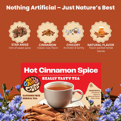 Crazy Cups Hot Cinnamon Spice Herbal Tea Pods, 22 Count | Caffeine Free, Kosher Certified, Warming Cinnamon & Star Anise Blend, K Cup Compatible Pods, Bold Spiced Flavor, Gluten Free, Vegan, Hot or Iced Herbal Tea