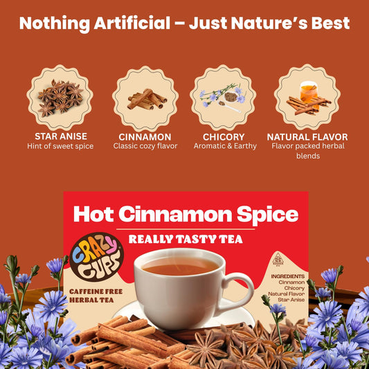 Crazy Cups Hot Cinnamon Spice Herbal Tea Pods, 22 Count | Caffeine Free, Kosher Certified, Warming Cinnamon & Star Anise Blend, K Cup Compatible Pods, Bold Spiced Flavor, Gluten Free, Vegan, Hot or Iced Herbal Tea