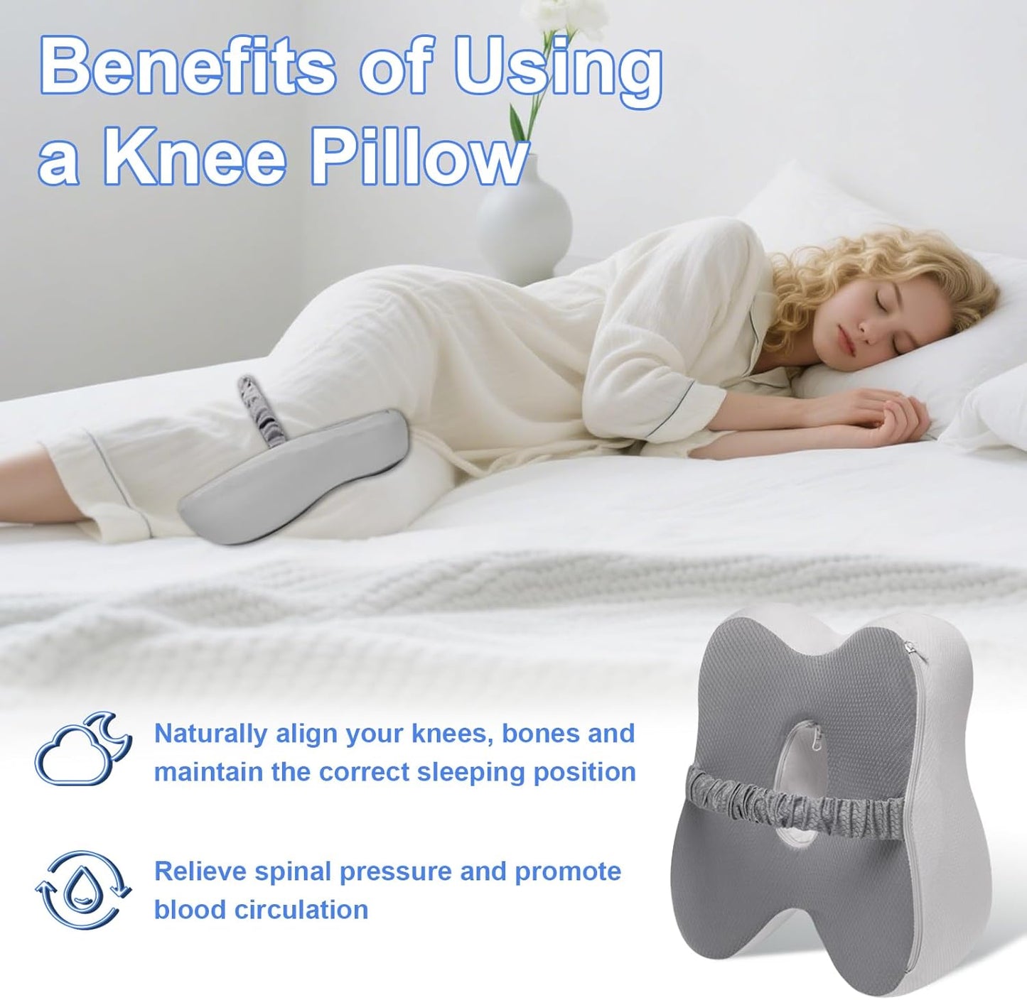 Knee Pillow for Side Sleepers Memory Foam Sciatica Pain Relief Leg Pillow, Removable Breathable Cover & Elastic Strap Grey