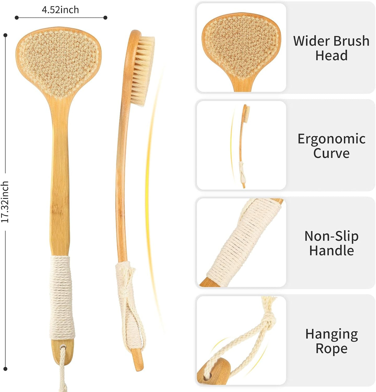 Long Handle Bath Brush-Back Scrubber for Shower, Exfoliating Body Brush with Bristles for Wet & Dry Brushing, Shower Brush for Men & Women
