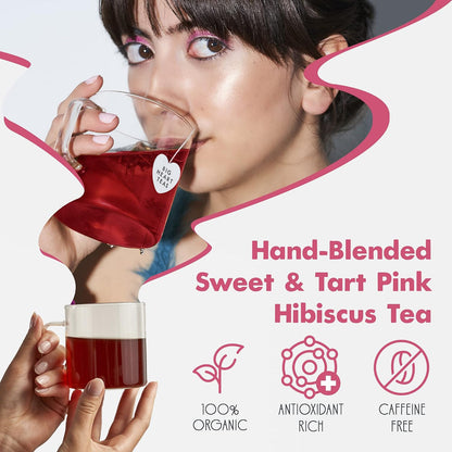 Big Heart Tea Co. Tea Bags - Blushing Pink Hibiscus - Certified Organic, Naturally Sweet Ayurvedic Herbal Decaf Tea with Small Batch Ground Herbs - Adaptogenic Tulsi and Lemongrass, 50 Pack