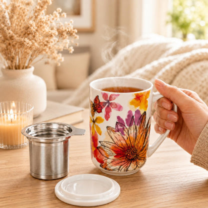 GBhome Tea Mug with Infuser and Lid, 18 Ounce Large Ceramic Loose Leaf Cup, Microwave, Dishwasher Safe, Perfect for Tea Lovers