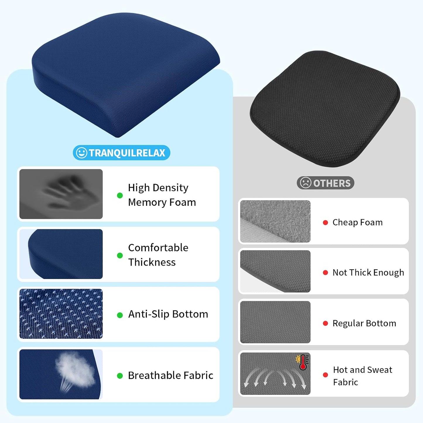 TranquilRelax Large Seat Cushion, Memory Foam Cushion for Long Sitting Hours on Office Chair, Car Seat, Non-Slip Chair Pad for Sciatica, Coccyx, Tailbone Pain Relief & Post-Surgery Recovery (Black)