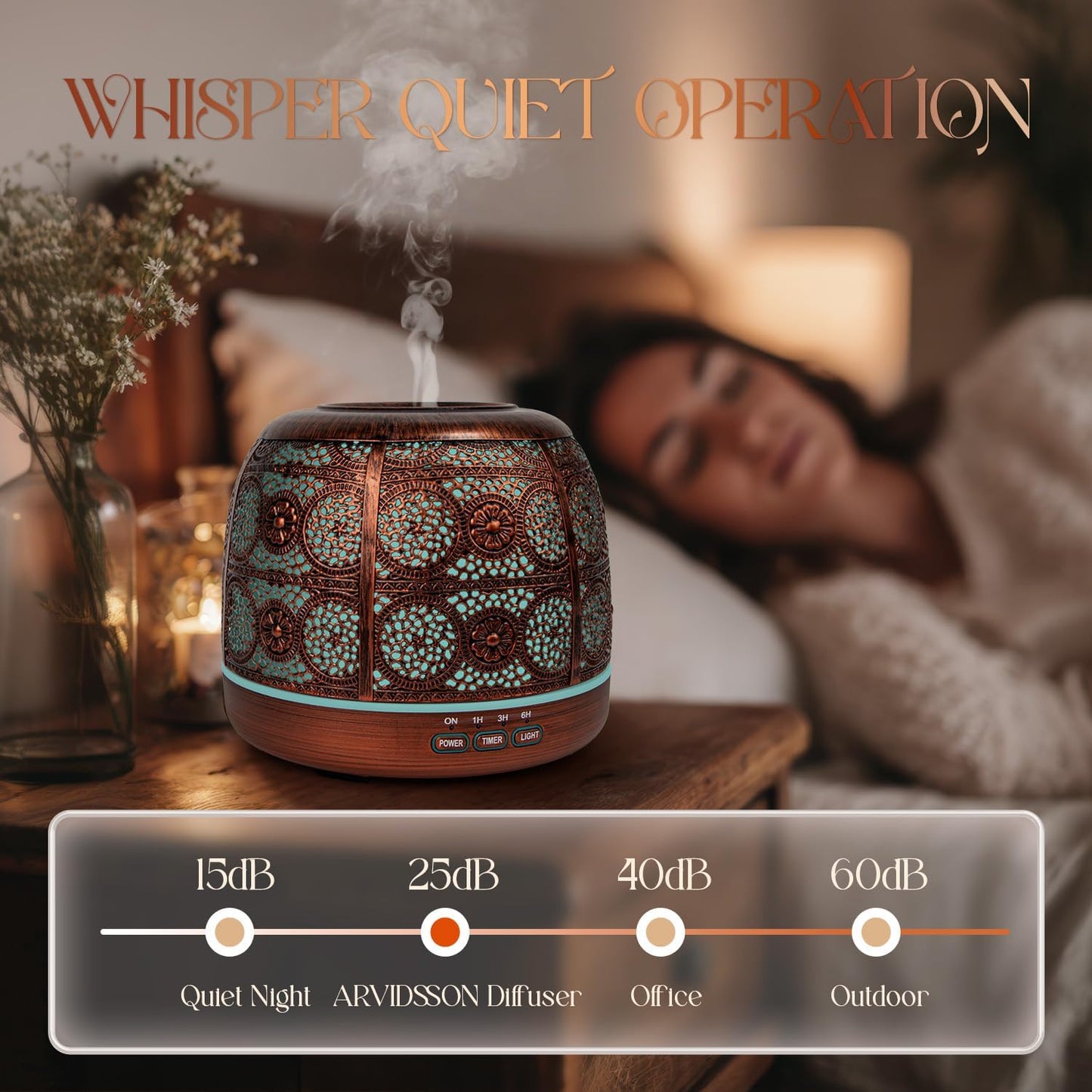 ARVIDSSON Essential Oil Diffuser 500ml, Aromatherapy Diffuser for Home, Ultrasonic Diffusers for Essential Oils, Metal Oil Diffuser with 7 Color LED Lights, Mist Timer and Auto Shut-Off Function