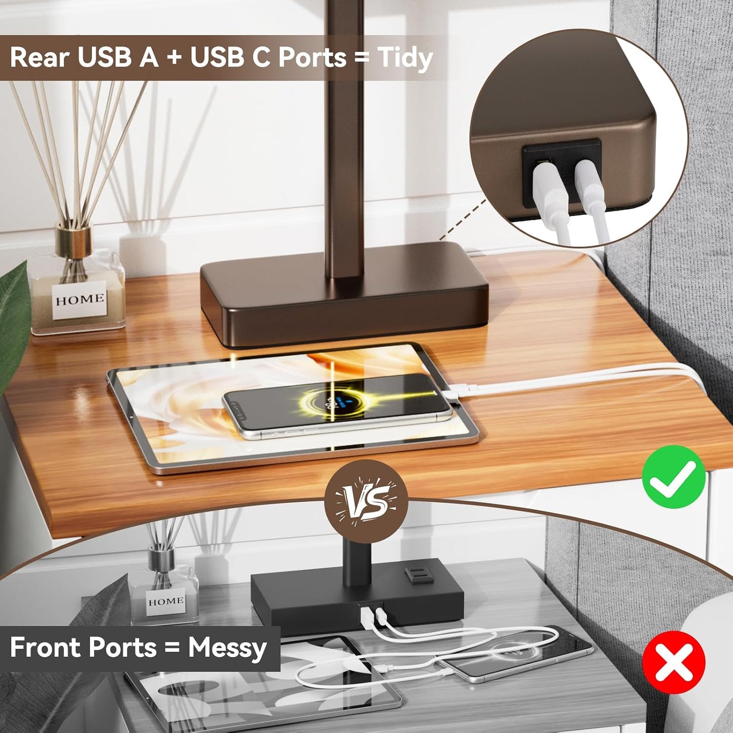 Hong-in Touch Lamps for Bedroom - 3-Way Dimmable Bedside Lamps Set of 2 with USB C+A, Grey Modern Table Lamp for Night Stands, Desk Lamp for Living Room Nightstand End Tables Bed Side