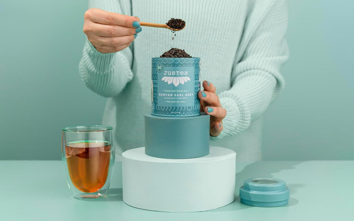 JusTea KENYAN EARL GREY Loose Black Tea, 40+ Cups Tin + Spoon, 4/5 Caffeine