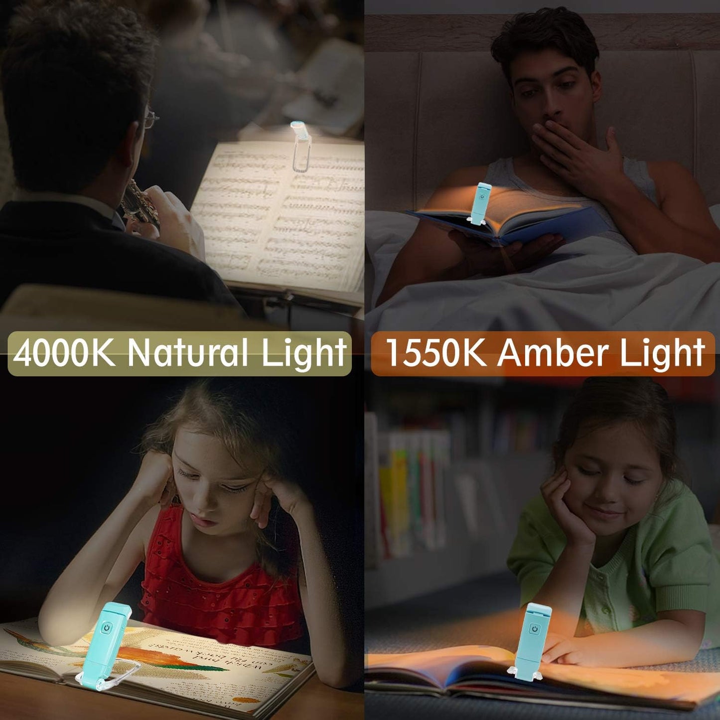 BIGLIGHT Amber Book Reading Light, LED Clip on Book Lights, Reading Lights for Books in Bed, Small Book Light for Kids, USB Rechargeable, 2 Brightness Adjustable for Eye Protection, Orange