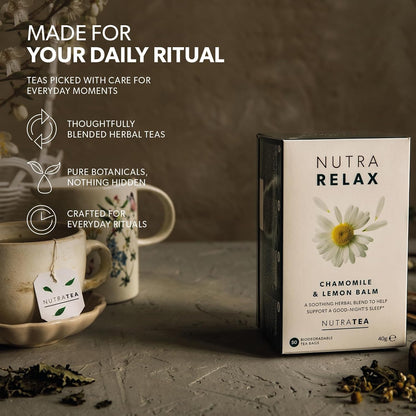 NUTRARELAX - Sleep and Calming Tea – Helps with Relaxation and Sleep – Includes Chamomile, Lemon Balm and Passionflower - 20 Enveloped Tea Bags - by Nutra Tea - Herbal Tea