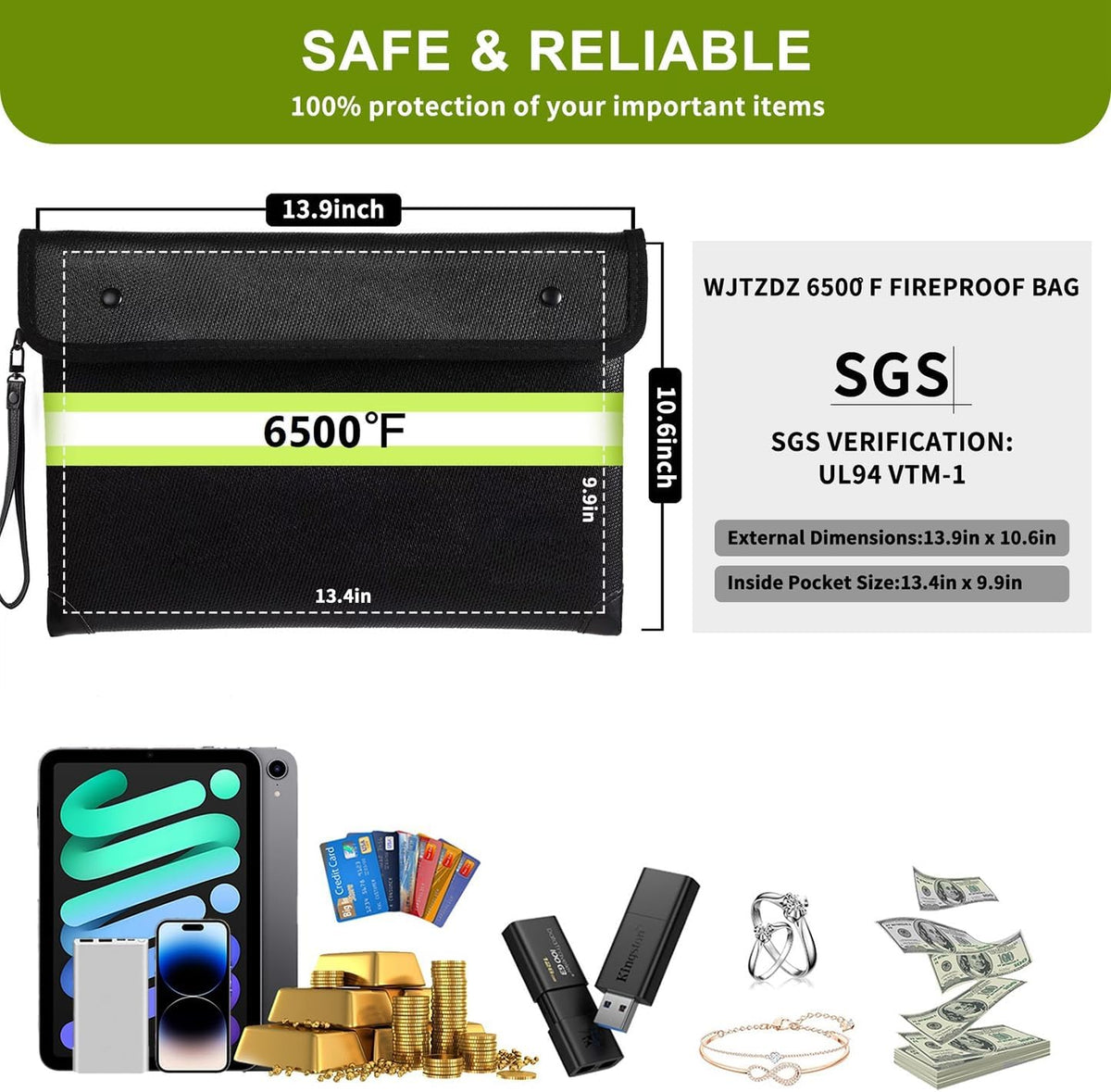 Upgraded Fireproof Money Bag,10 Layers of Heat Insulated Materials 6500°F