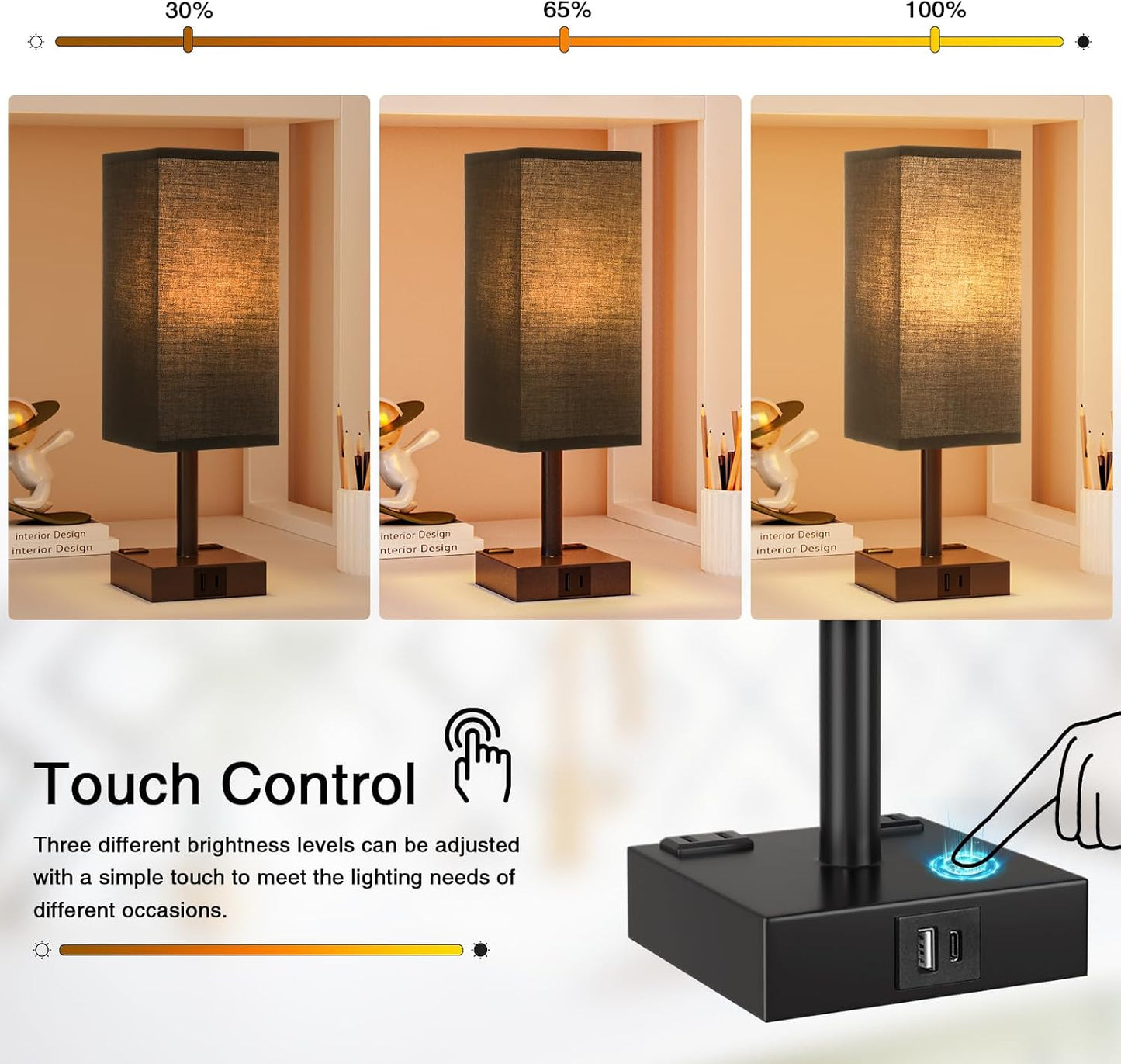 【Upgraded】Bedside Table Lamp Touch Control, with USB C+A Charging Ports & Dual AC Outlets, 3-Way Nightstand Lamp for Bedroom with LampShade Living Room Office(LED Dimmable Bulb Included)