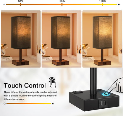 【Upgraded】Bedside Table Lamp Touch Control, with USB C+A Charging Ports & Dual AC Outlets, 3-Way Nightstand Lamp for Bedroom with LampShade Living Room Office(LED Dimmable Bulb Included)