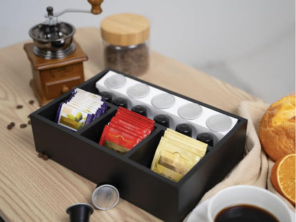 Tea Bag Box Black 6 Compartments Tea Organizer Storage Wood Drawer Station