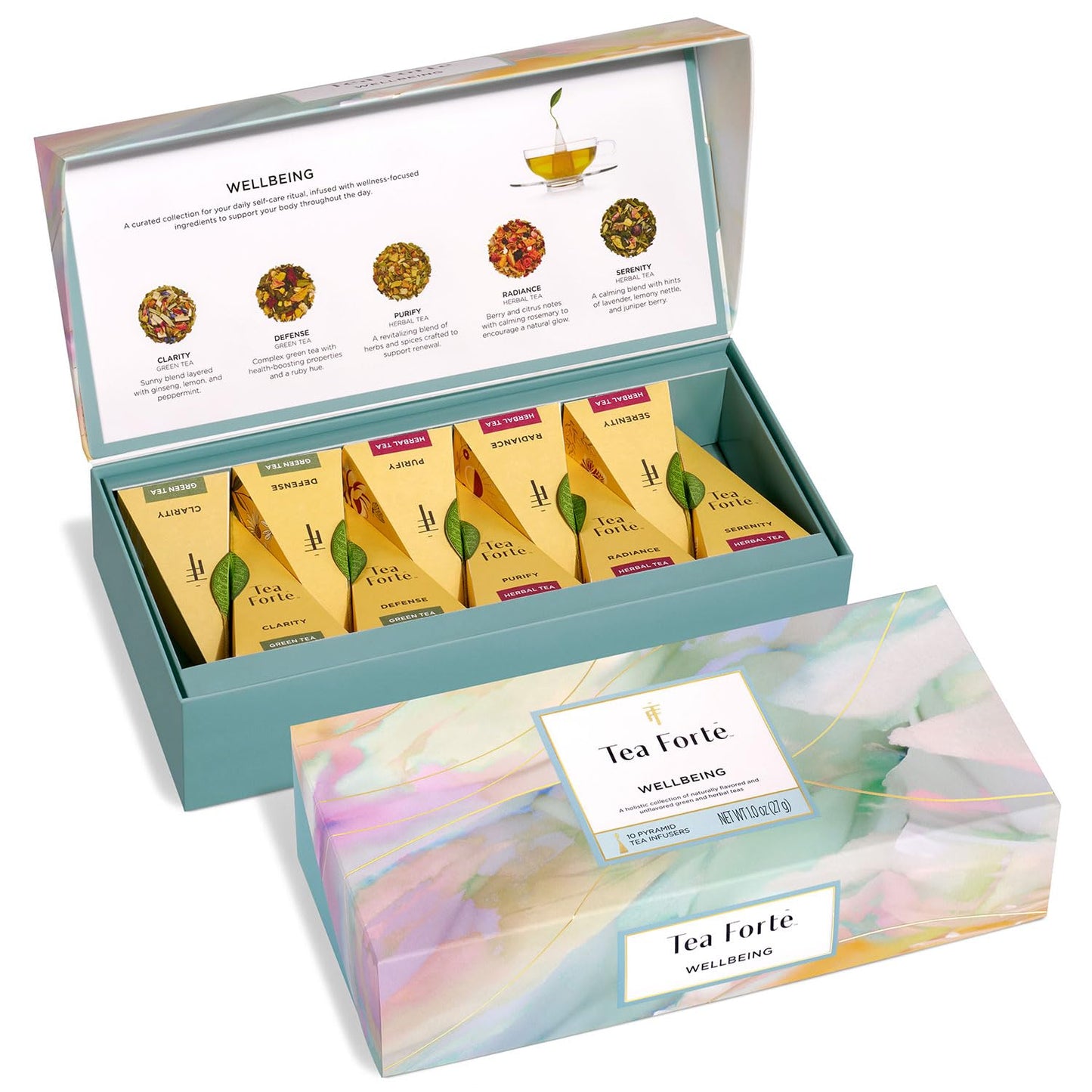 Tea Forte Premium Petite Presentation Box Gift Set Sampler, 10 Count, 2 of Each Blend Individually Wrapped Handcrafted Pyramid Infuser Bags, Demoiselle Tea