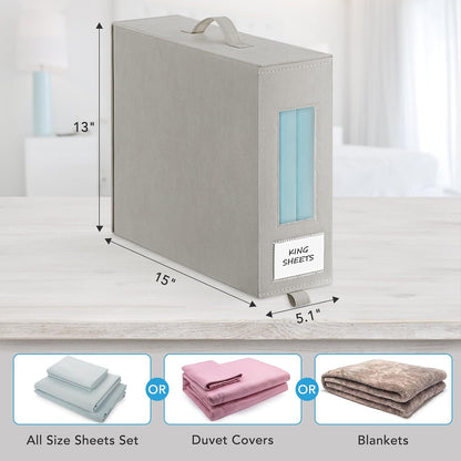 3 Pcs Bed Sheet Organizers and Storage, Large Size Sheet Set Organizers (Queen & King) Duvet Covers Blanket Storage for Linen Closet with Handle, Zipper, Label and Clear Window, Grey