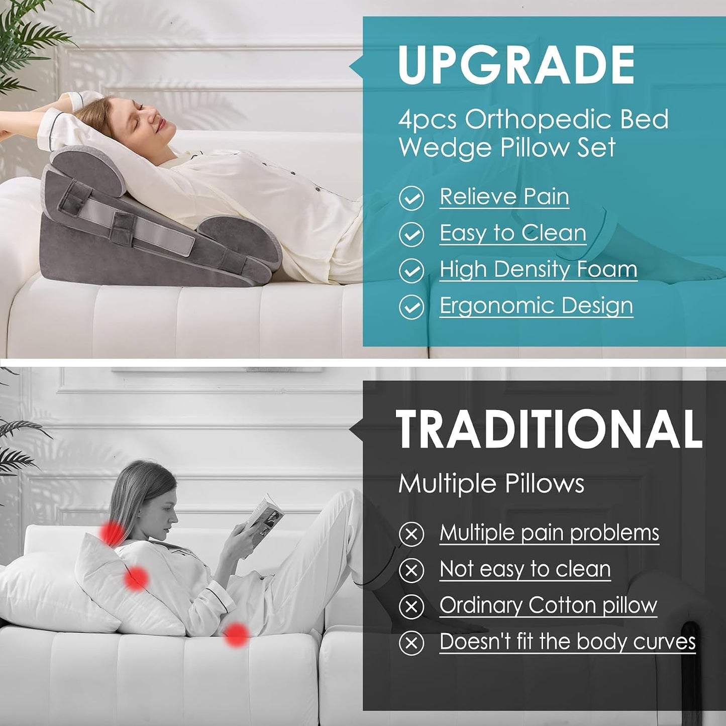 3Pcs Wedge Pillow Set for After Surgery,Acid Reflux Relief, Adjustable Bed Wedge Pillows for Sleeping,Anti Snore, Memory Foam Triangle Pillow for Back&Neck&Shoulder Pain Relief, White&Grey