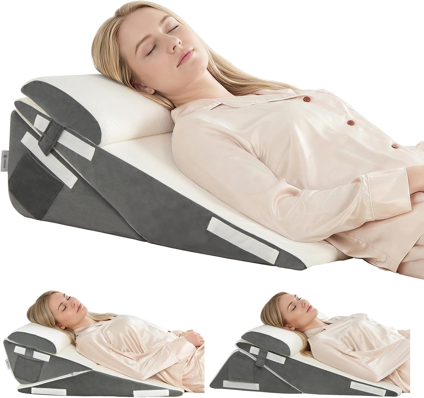 Vekkia 34" Extra-Long Wedge Pillow, Back & Arm Support, Bed Wedge Pillow for Sleeping After Surgery, Acid Reflux, Snoring Relief, Removable Washable Cover & Double Side Pockets, 5.5" Height, Gray