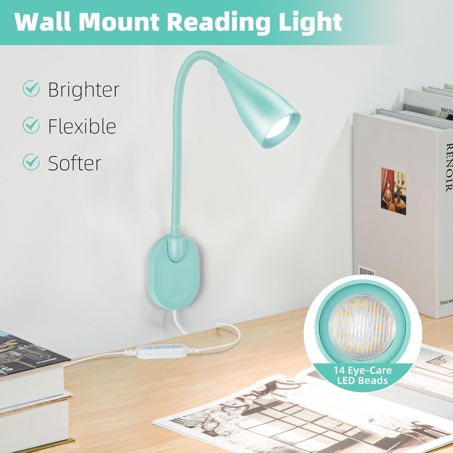 LiFMIRA Wall-Mounted LED Bedside Reading Light with USB Charging Port, 10-Level Dimmable & Adjustable 5 Color, Plug-in Adhesive Night Lamp for Books in Bed, Eye-Caring Bedroom Lighting (Black)