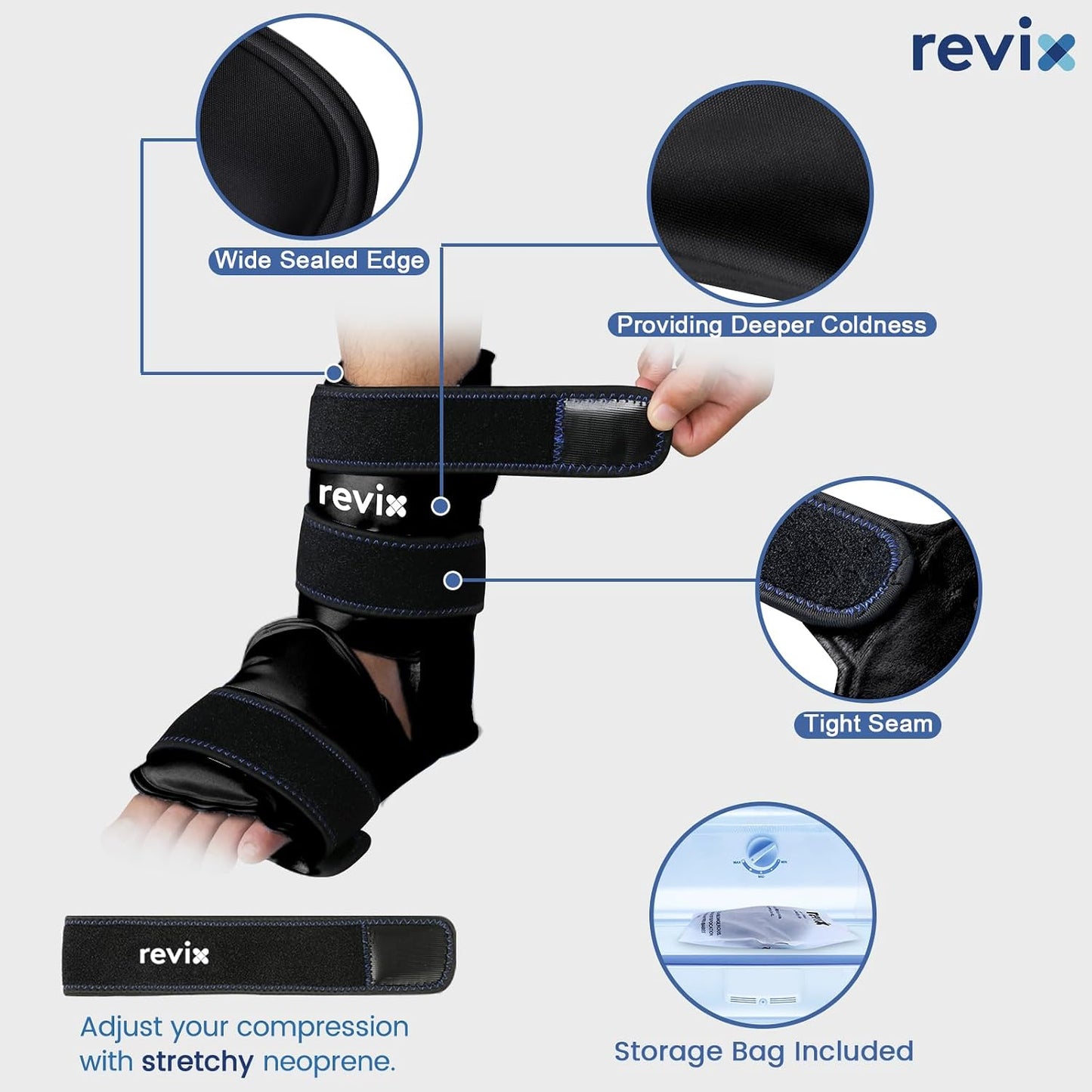 REVIX Ankle Ice Pack Wrap for Foot Pain Relief and Feet Injuries, Reusable Gel Ice Cold Packs for Achilles Tendonitis, Plantar Fasciitis, Sprained Ankles and Heels