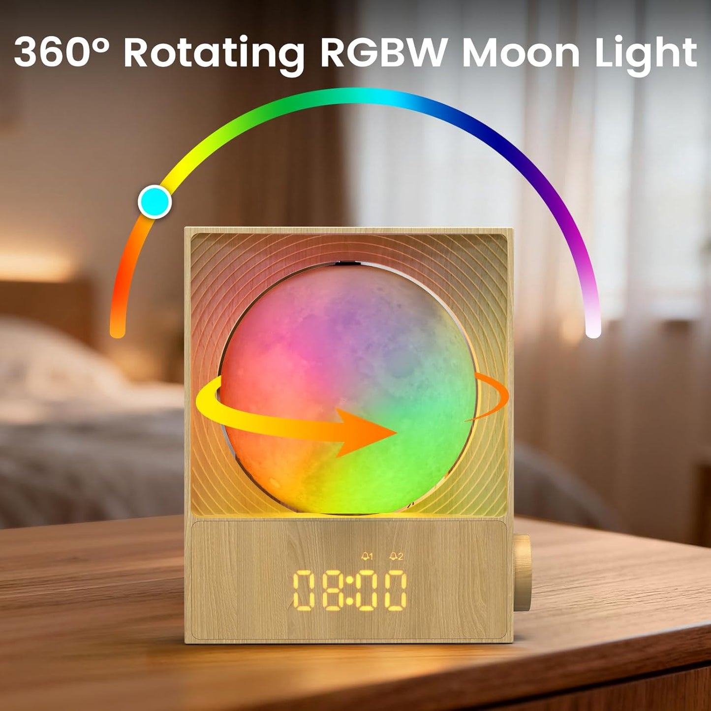 Sunrise Alarm Clock, White Noise Machine & Meteor Moonlight - 10 Soothing Sounds, Dual Alarms, 30/60/90min Timer, Easy Snooze - Bedroom Gift for Insomnia Adults/Women - Wood Grain