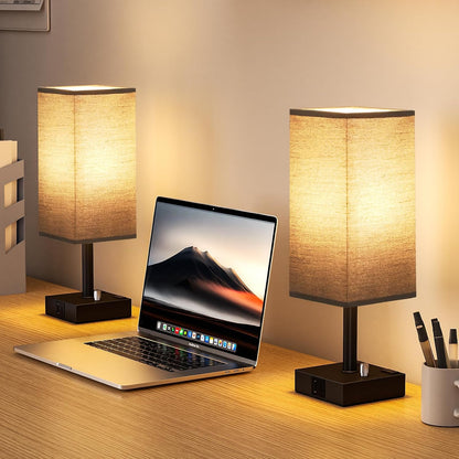 aooshine Fully Dimmable Nightstand Lamps Set of 2 - Table Bedside Lamp with USB C+A Charging Ports & 2 AC Outlets, Square Lamp Sets Linen Fabric Shade for Bedroom Living Room(Bulb Included)