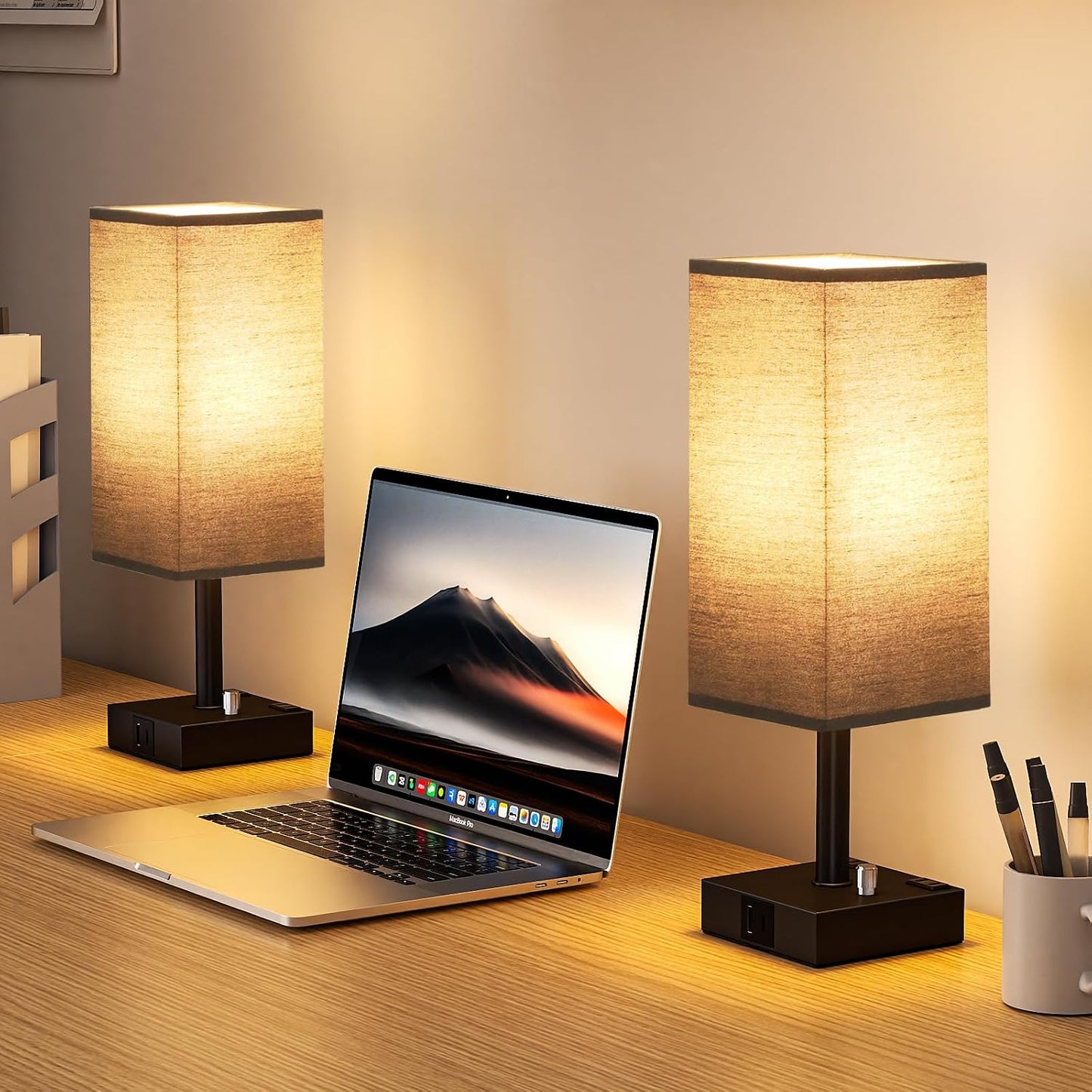 Bedside Table Lamps Set of 2 for Bedroom - Dimmable, USB C+A, 2 AC Outlets