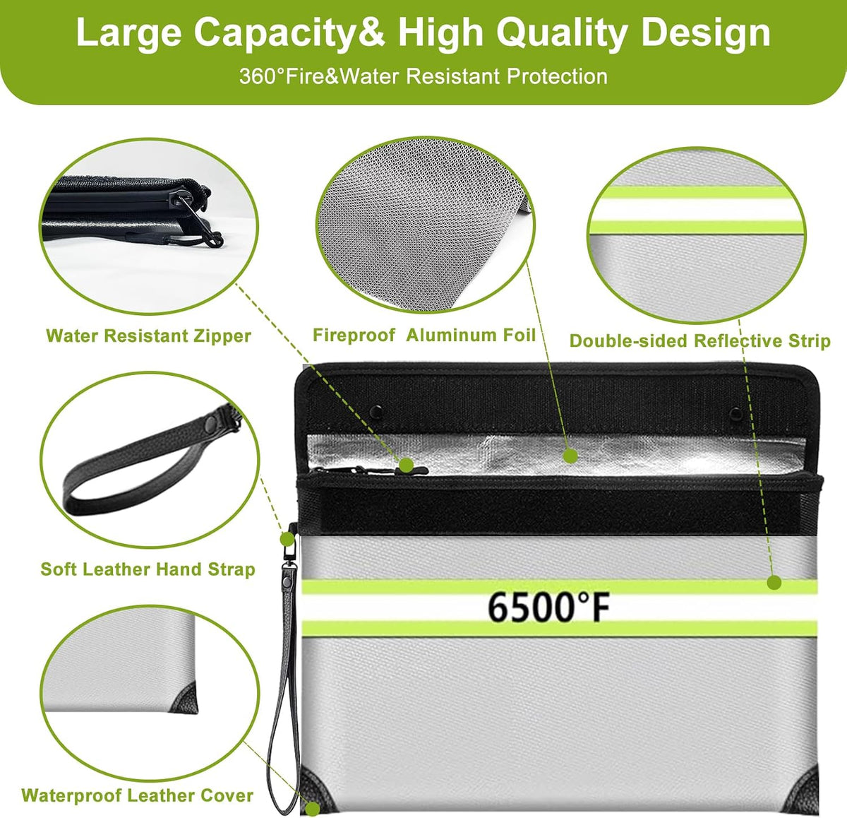 Upgraded Fireproof Money Bag,10 Layers of Heat Insulated Materials 6500°F