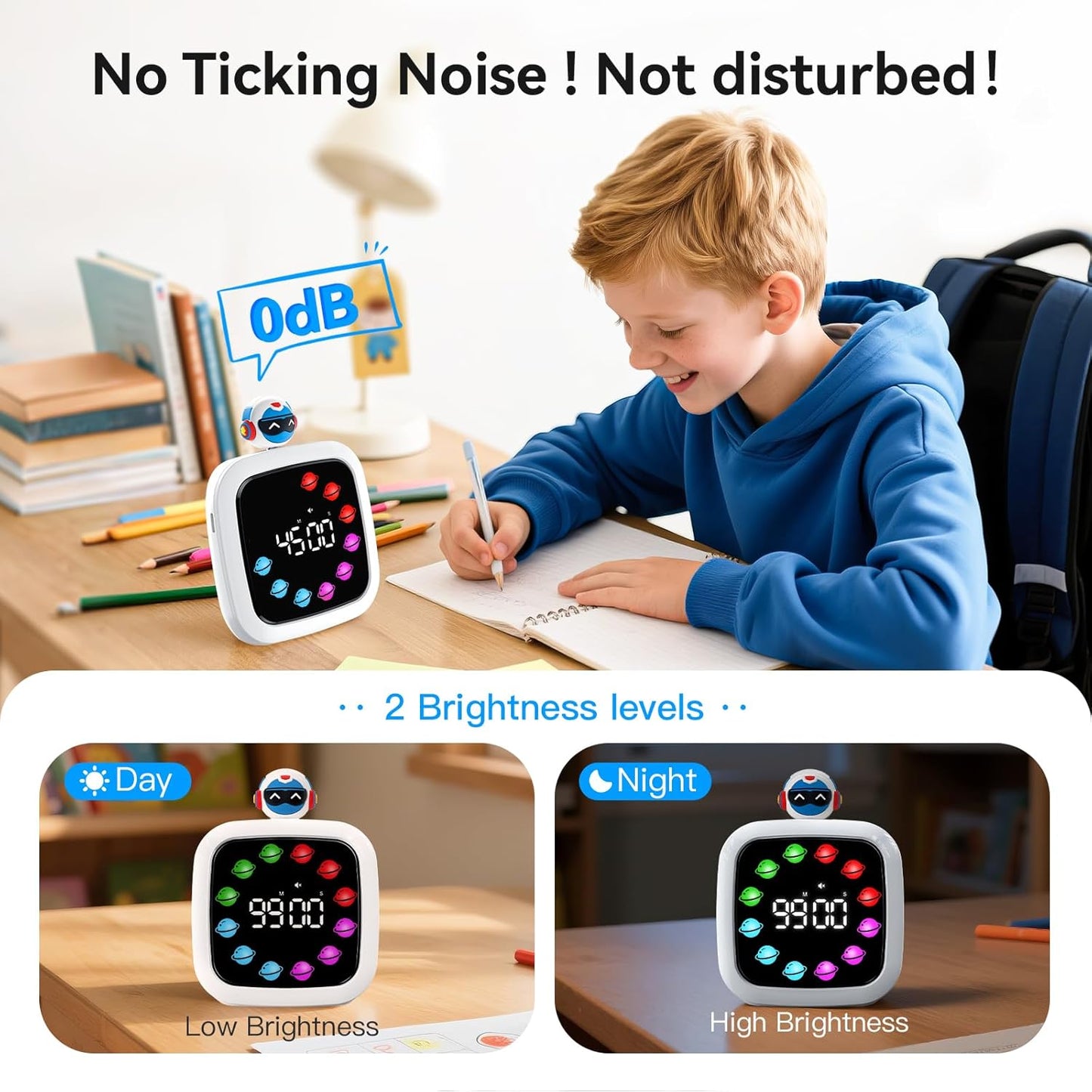 Yunbaoit Digital Visual Timer for Kids, Rechargeable 99-Minute Silent Countdown Timer with 19 Ringtones, 9 Optional DIY Color Star Display, Time Management Tool with Pause Function (Rainbow)