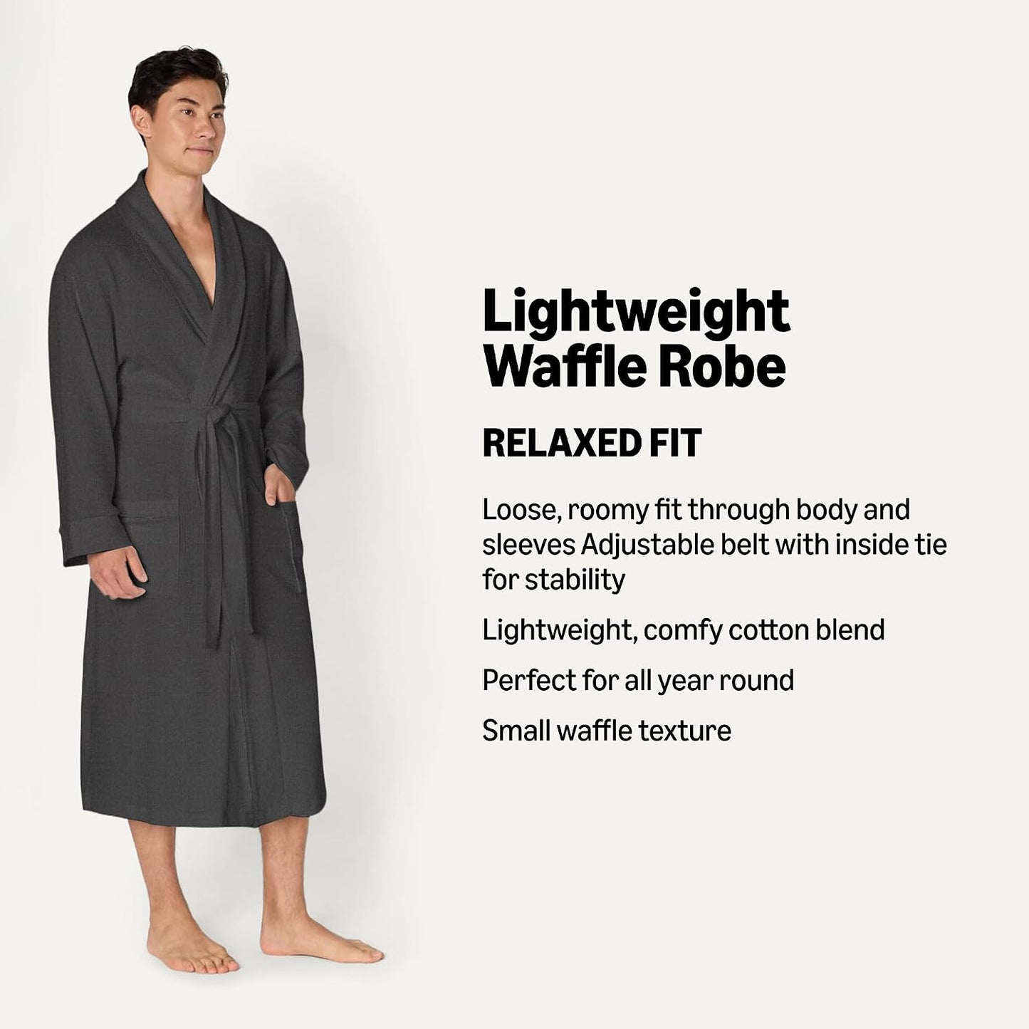 Amazon Essentials Men's Lightweight Cotton Waffle Bath Robe, Mid-Length Loungewear (Available in Big & Tall)
