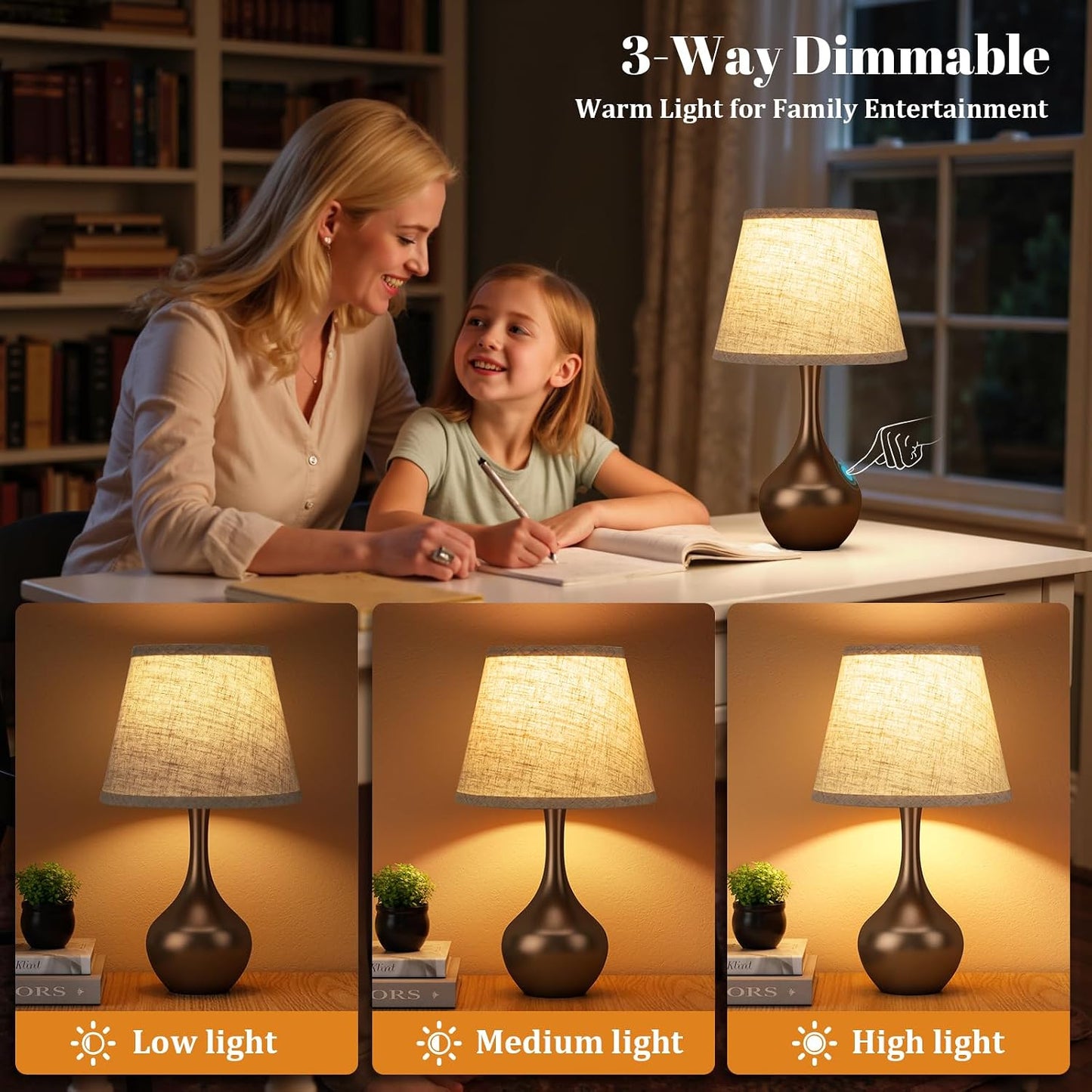 Seealle 16.1" Touch Table Lamps for Nightstand, 3-Way Dimmable Small Bedroom Lamps for Night Stands, Black Bedside Lamps for Living Room, Kids Room, End Table