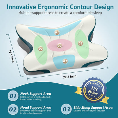 Cervical Pillow for Neck Pain Relief - Ergonomic Neck Pillow, White & Blue