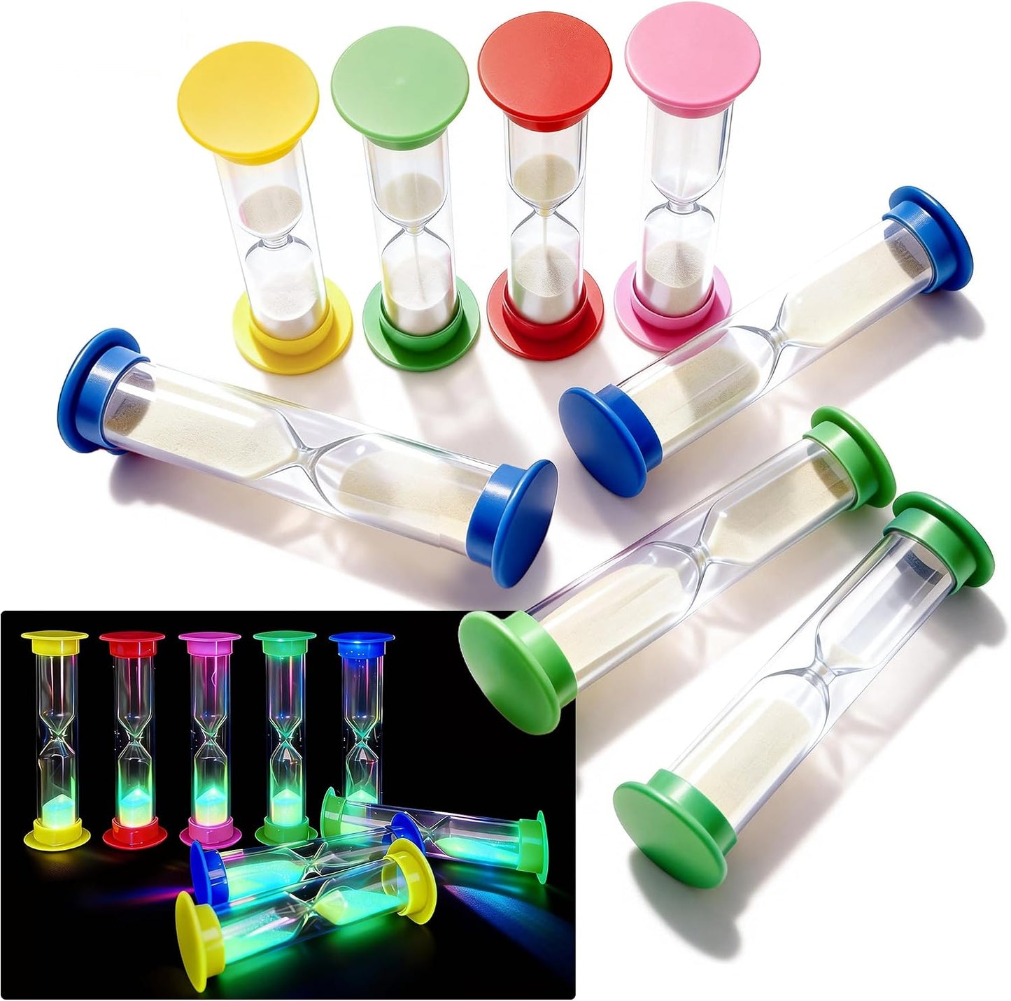 PROLOSO 6 Pcs Colorful Sand Timers Set Platic Sandglass Hourglass Sand Clock Timer 30sec/ 1min/ 2mins/ 3 Minutes/ 5 Minute/ 10mins for Kids Games Classroom Home Office Kitchen