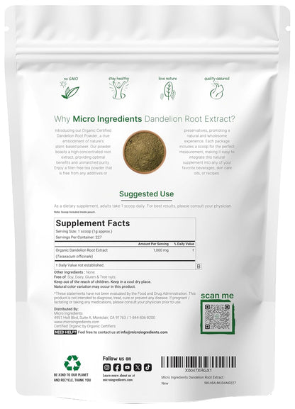 Organic Dandelion Root Tea Powder, 8oz | Up to 220 Servings | Premium Source for Daily Beverage | 100% Pure Dandelion Supplement | Caffeine Free, Non-GMO, No Sugar, Eco-Friendly Recyclable Bags