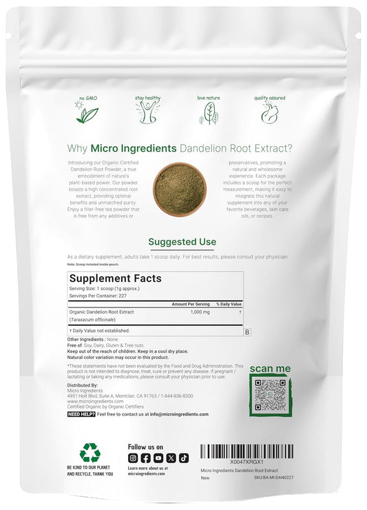 Organic Dandelion Root Tea Powder, 8oz | Up to 220 Servings | Premium Source for Daily Beverage | 100% Pure Dandelion Supplement | Caffeine Free, Non-GMO, No Sugar, Eco-Friendly Recyclable Bags