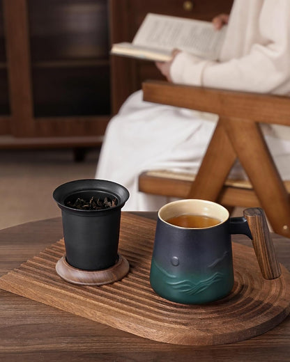 ZENS Embossed Ceramic Tea Mug with Infuser and Lid, 14.5 oz Wooden Handle, Loose Leaf Tea Steeper Cup & Strainer for Tea Lovers Gifts