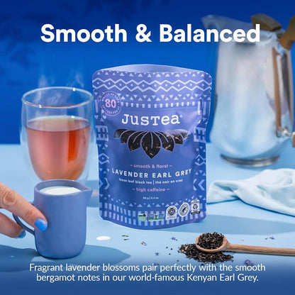 JusTea LAVENDER EARL GREY Loose Leaf Black Tea, 40+ Cup Pouch, 4/5 Caffeine