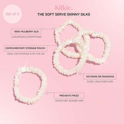SILKIE x4 Set - Forget Satin - 100% Pure Mulberry Silk Black Brown Skinny Scrunchies Travel Pouch Everyday Hair Ties Elastics Hair Care Ponytail Holder No Damage (Chocolate)