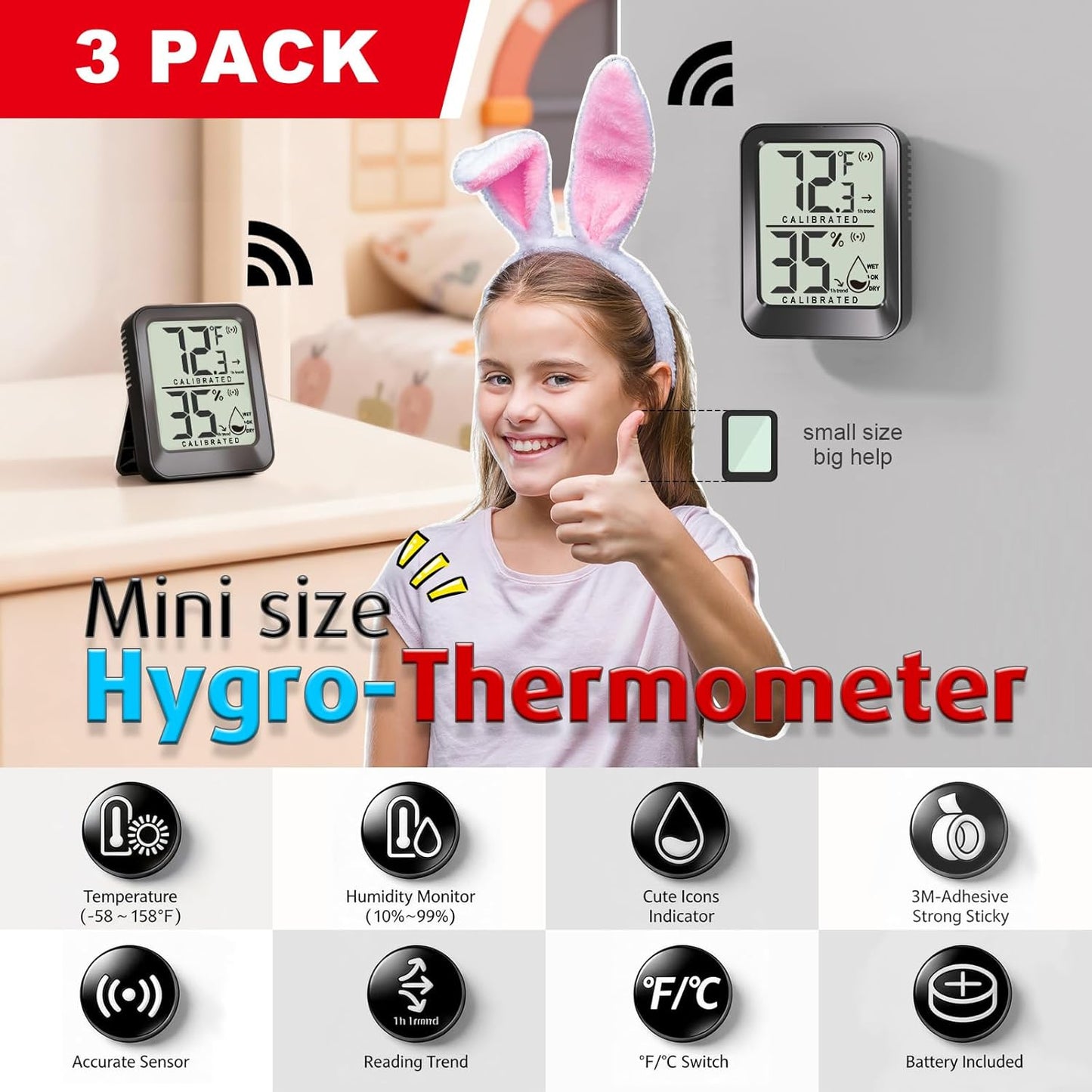 3 Pack Room Thermometer Indoor Hygrometer Digital Mini Humidity Meter Gauge with Temperature and Humidity Monitor Sensor for House, Pet, Plant, Incubator - Battery Included