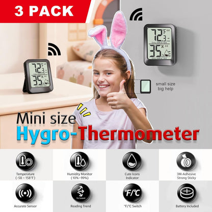 3 Pack Room Thermometer Indoor Hygrometer Digital Mini Humidity Meter Gauge with Temperature and Humidity Monitor Sensor for House, Pet, Plant, Incubator - Battery Included