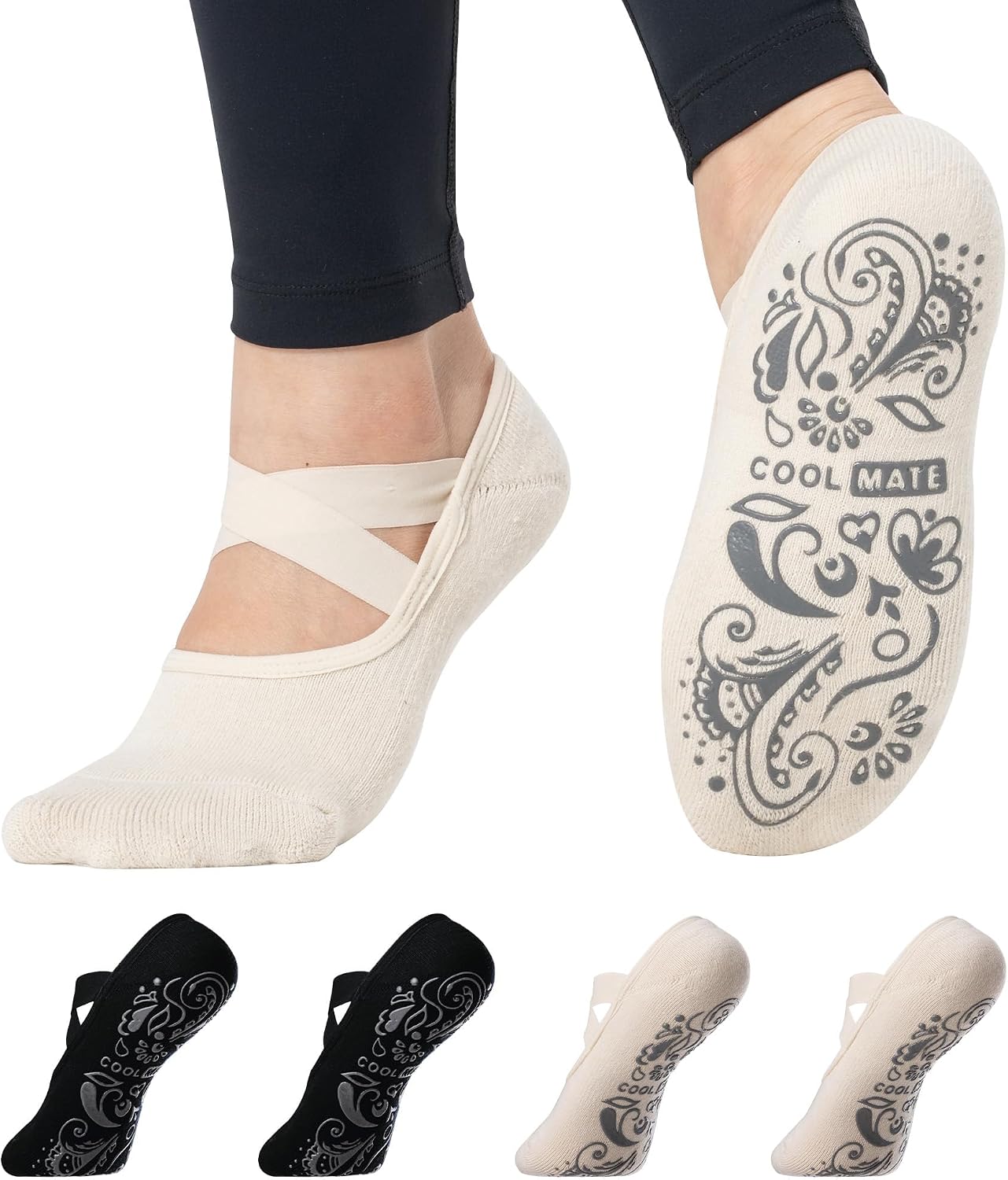 COOLMATE Pilates Socks with Grips for Women, Yoga Socks, Crew Non Slip Women for Barre, Pilates Gifts for Women - Colors B