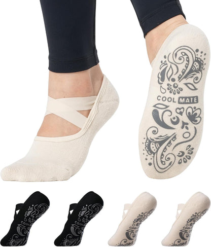 COOLMATE Pilates Socks with Grips for Women, Yoga Socks, Crew Non Slip Women for Barre, Pilates Gifts for Women - Colors B