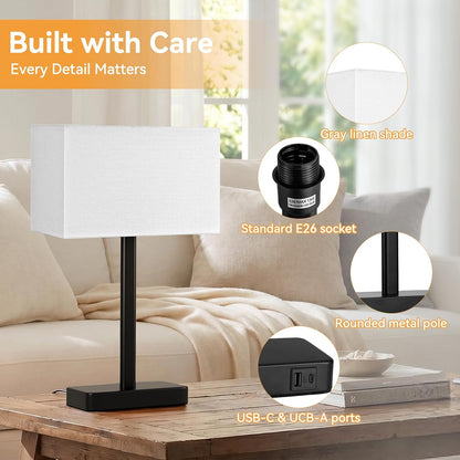 Hong-in Touch Lamps for Bedroom - 3-Way Dimmable Bedside Lamps Set of 2 with USB C+A, Grey Modern Table Lamp for Night Stands, Desk Lamp for Living Room Nightstand End Tables Bed Side