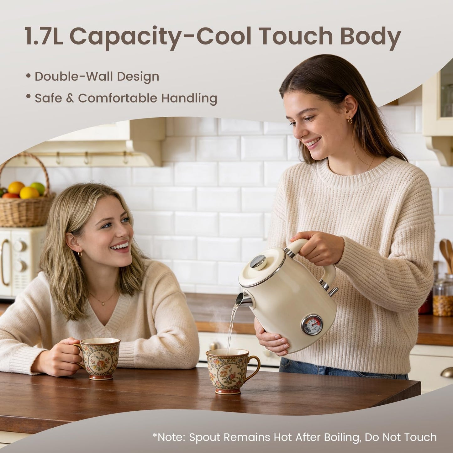 Mecity Retro Electric Kettle 1.7L, Stainless Steel Interior, Food-Grade Silicone Water Contact, Double Wall Cool Touch, 1500W Fast Boil, Thermometer (°F/°C), Wide Opening, Cream