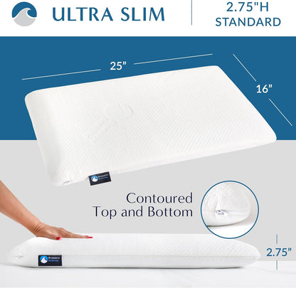 Bluewave Bedding Ultra Slim Max Cool CarbonBlue Gel Memory Foam Pillow for Stomach and Back Sleepers - Thin, Flat Design with Advanced Cooling (2.75-Inch Height, Standard Size)