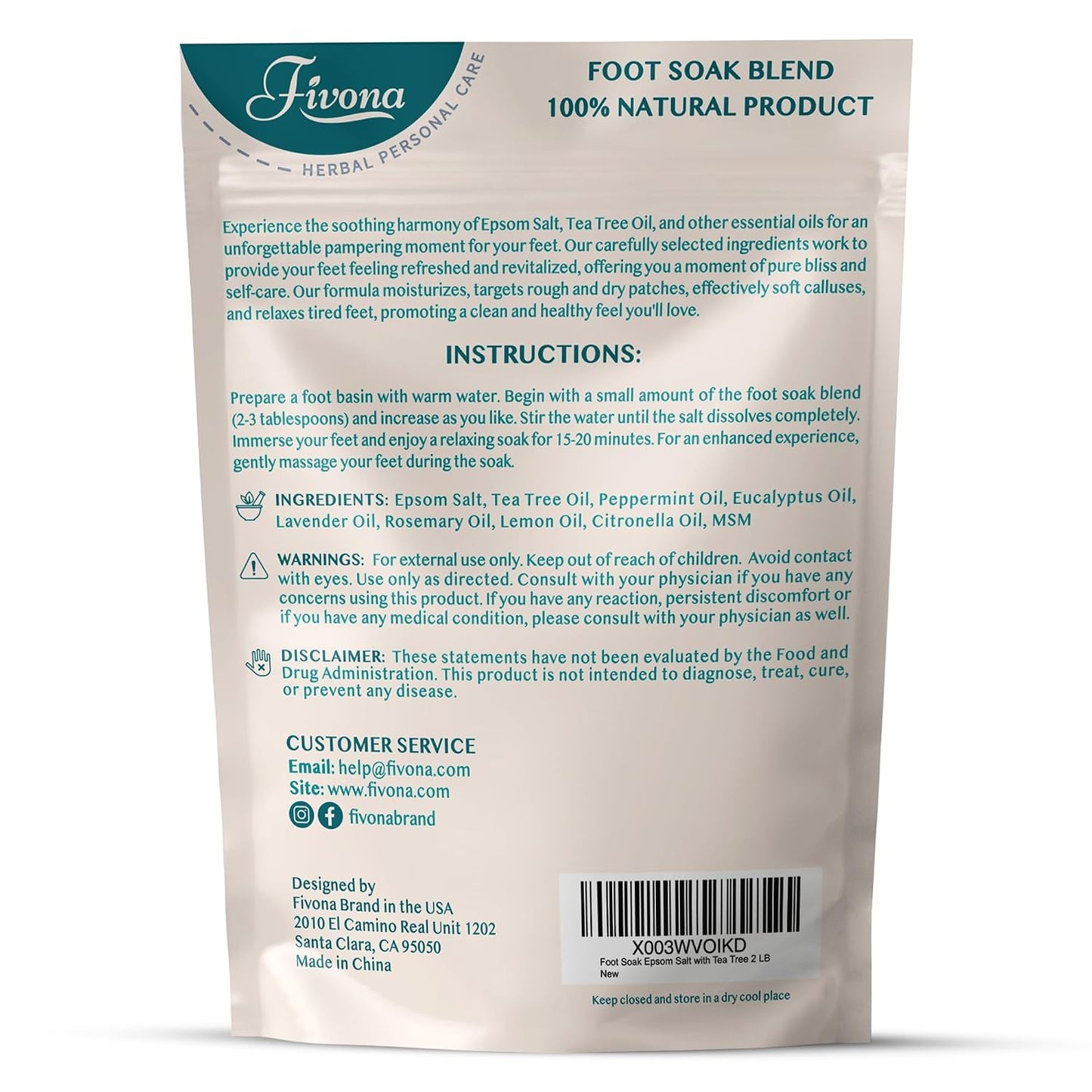 Fivona Tea Tree Foot Soak Blend 14.1 oz - Epsom Salt with Essential Oils for Healthy Toenails, Soothing Relief, Callus Softening - Pedicure Therapy for Soft, Rejuvenated Feet