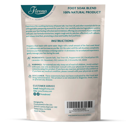 Fivona Tea Tree Foot Soak Blend 14.1 oz - Epsom Salt with Essential Oils for Healthy Toenails, Soothing Relief, Callus Softening - Pedicure Therapy for Soft, Rejuvenated Feet