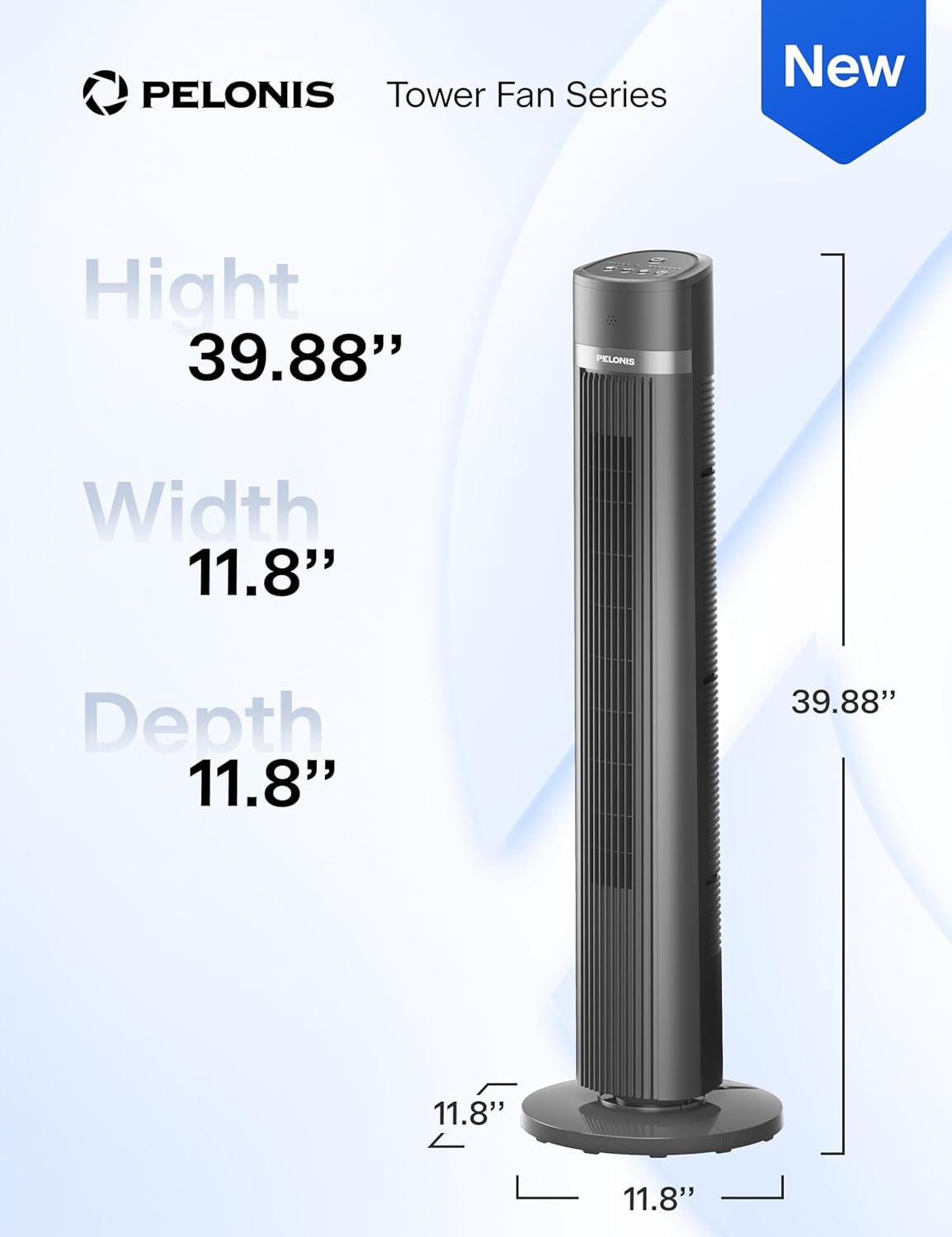 PELONIS 40 inch Bladeless Tower Fan for Bedroom, Standing Fan with Remote Control, 26ft/s, 90° Oscillation, 3 Speed Settings, 27dB, 3 Modes, 15-Hour Timer, LED Display, Fan that Blows Cold Air, White