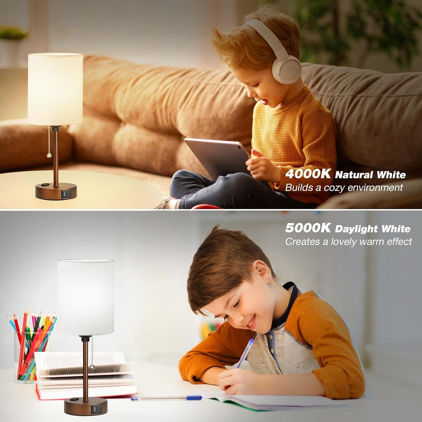 Small Bedside Table lamp for Bedroom - 3 Color Temperatures Bedside Lamps with USB C and A Ports, Pull Chain Table Lamps with AC Outlet, White Nightstand Lamps with Black Metal Base for Kids Reading